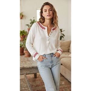 Free People We The Free White Waffle Knit‎ Henley Top Red Embroidery Small
